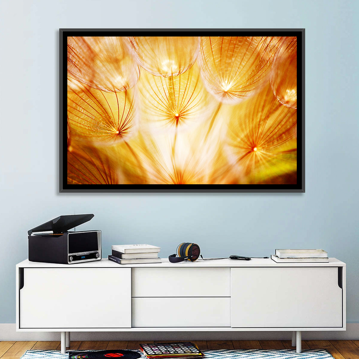 Golden Hour Dandelion Seed Macro Abstract Wall Art in a room, landscape
