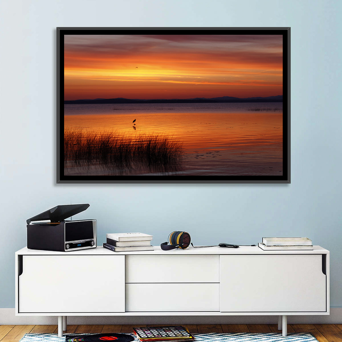 Lake Champlain Sunrise with Heron Wall Art in a room, landscape