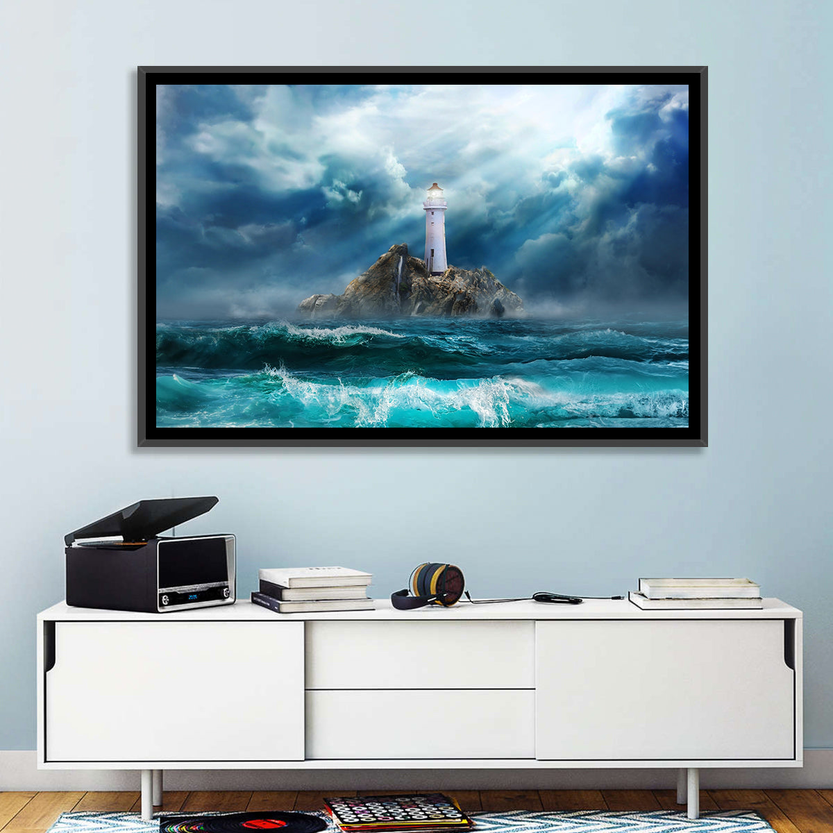 Rocky Island Lighthouse Wall Art in a room, landscape