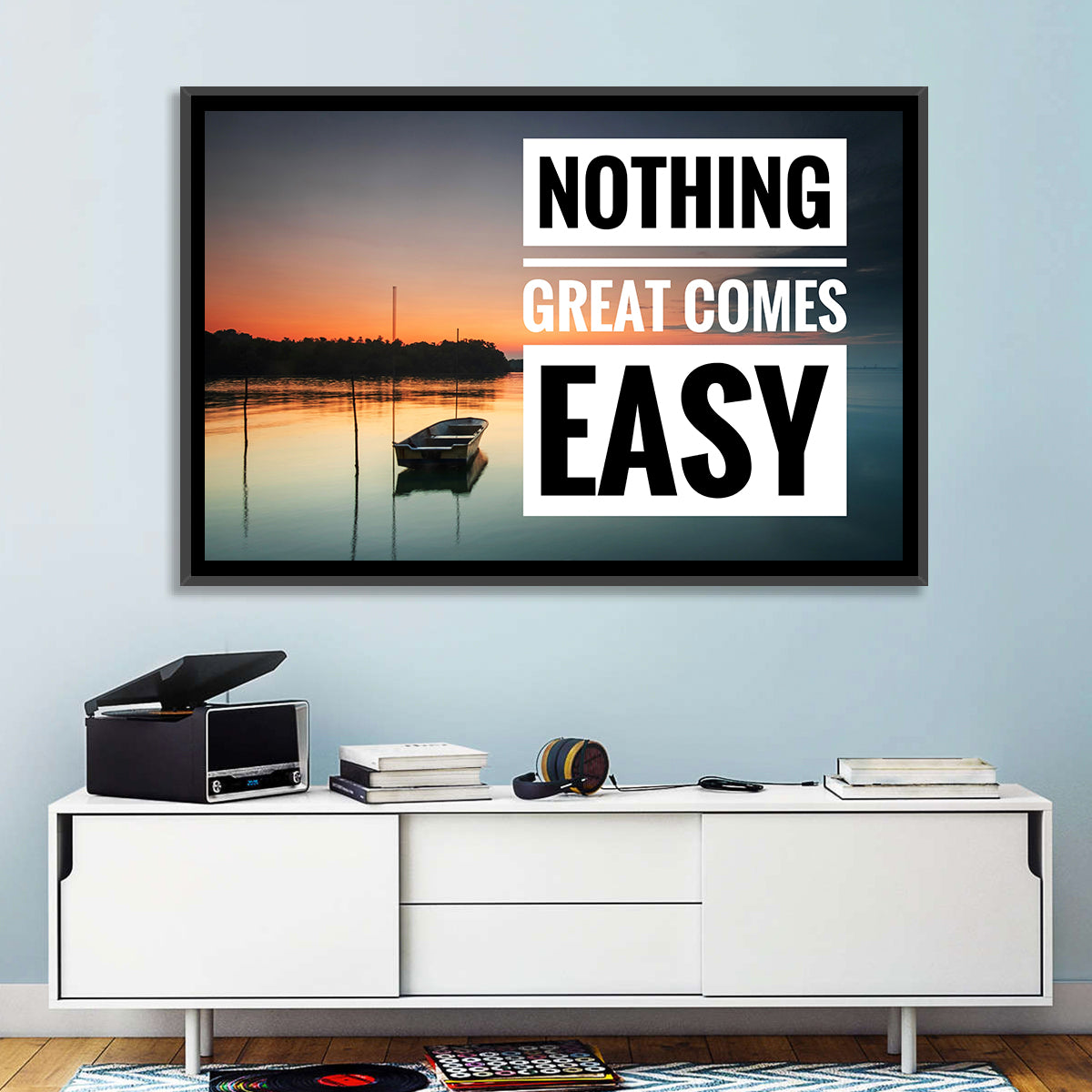 Nothing Great Comes Easy, Boat at Sunrise Wall Art in a room, landscape