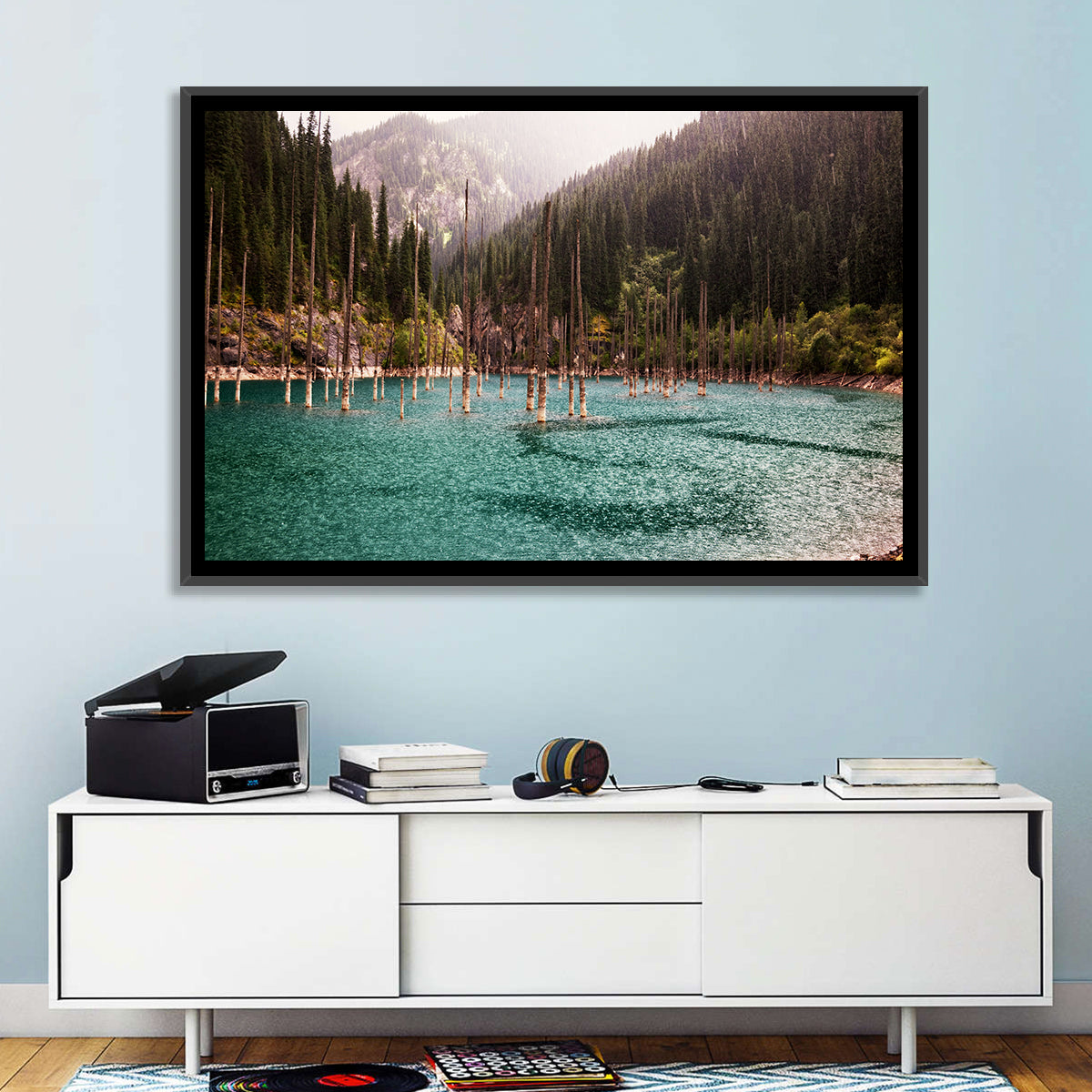 Kaindy Lake Submerged Spruces Wall Art in a room, landscape