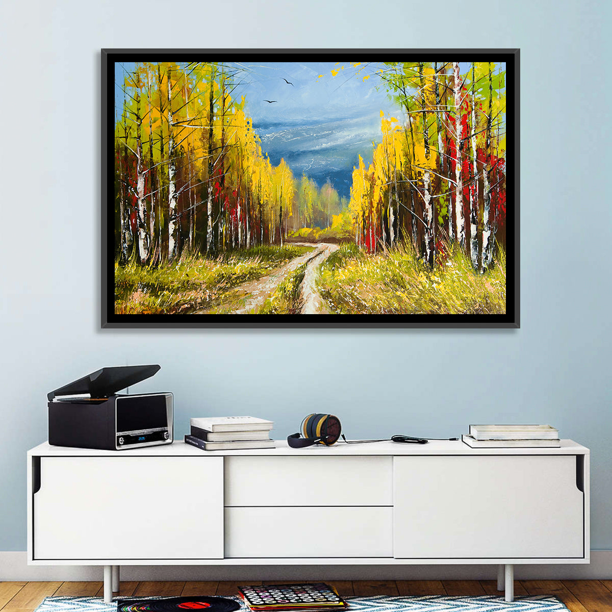 Autumn Birch Path with Two Birds Wall Art