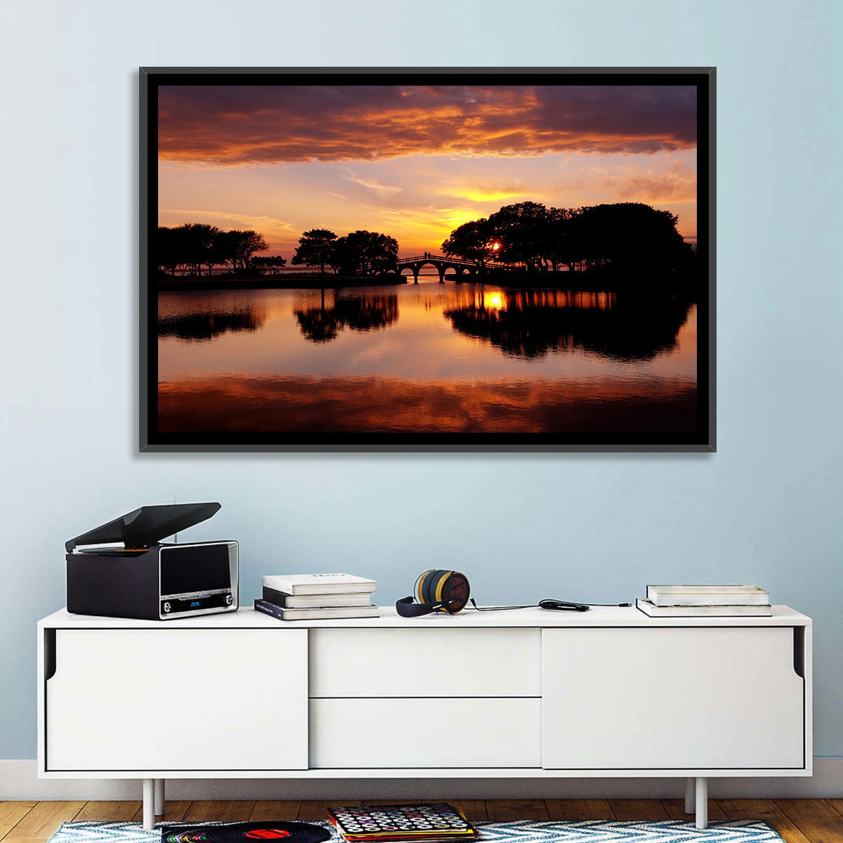 Tranquility Bridge at Sunset Wall Art in a room, landscape
