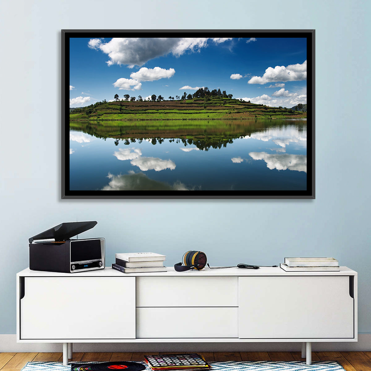 Bunyonyi Lake Reflection Wall Art in a room, landscape