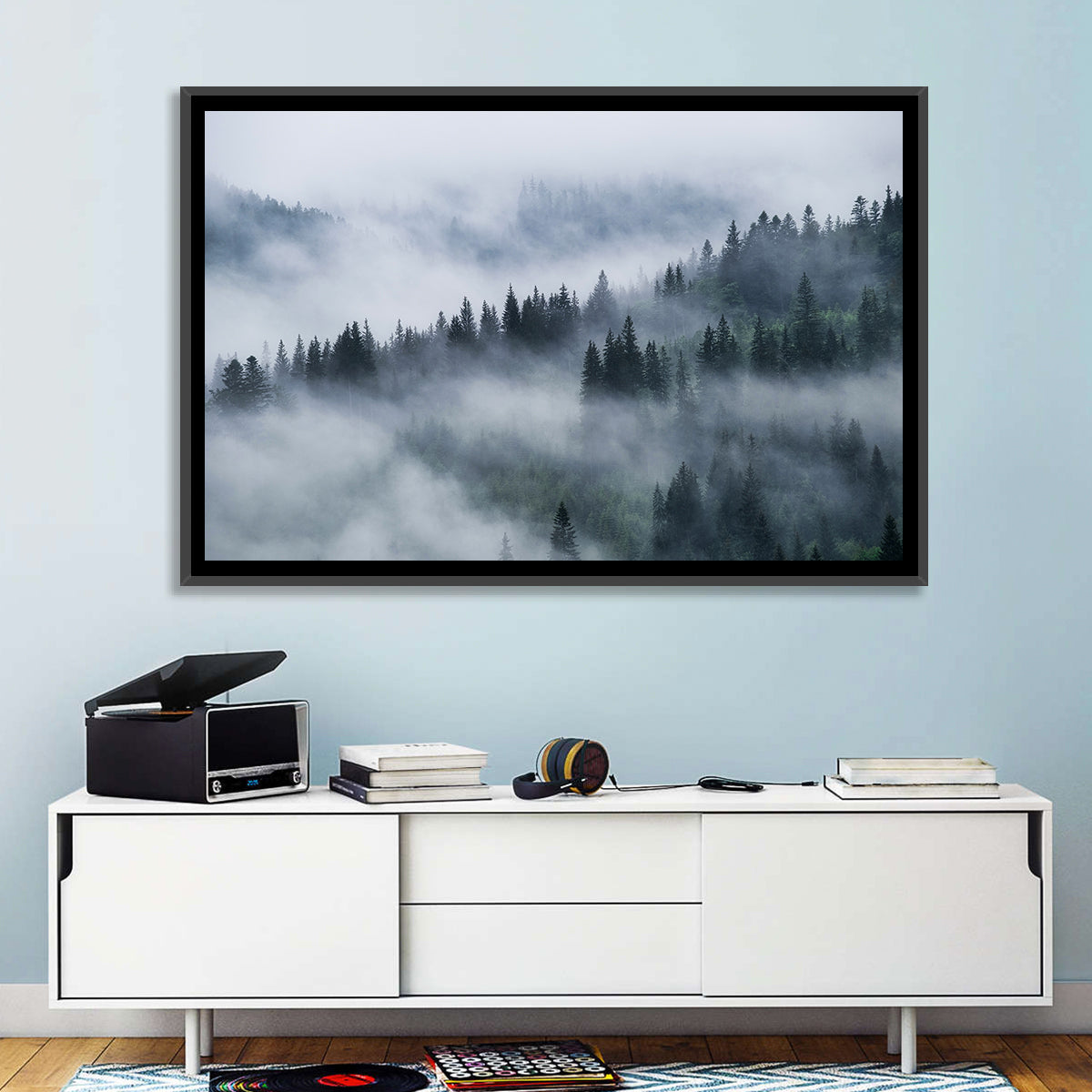Misty Mountain Pine Forest Wall Art in a room, landscape