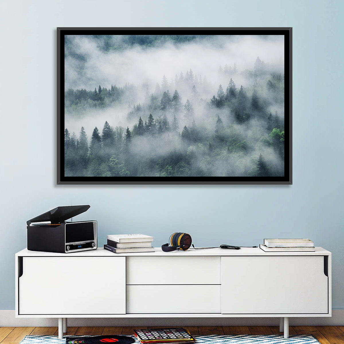 Misty Mountain Forest Wall Art in a room, landscape