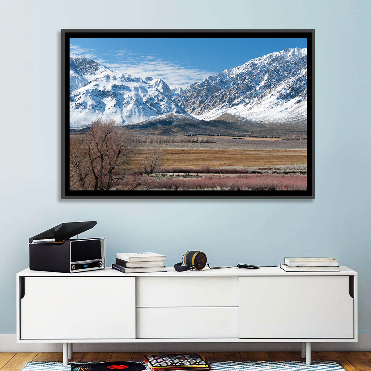 Eastern Sierra Winter Peaks Wall Art in a room, landscape