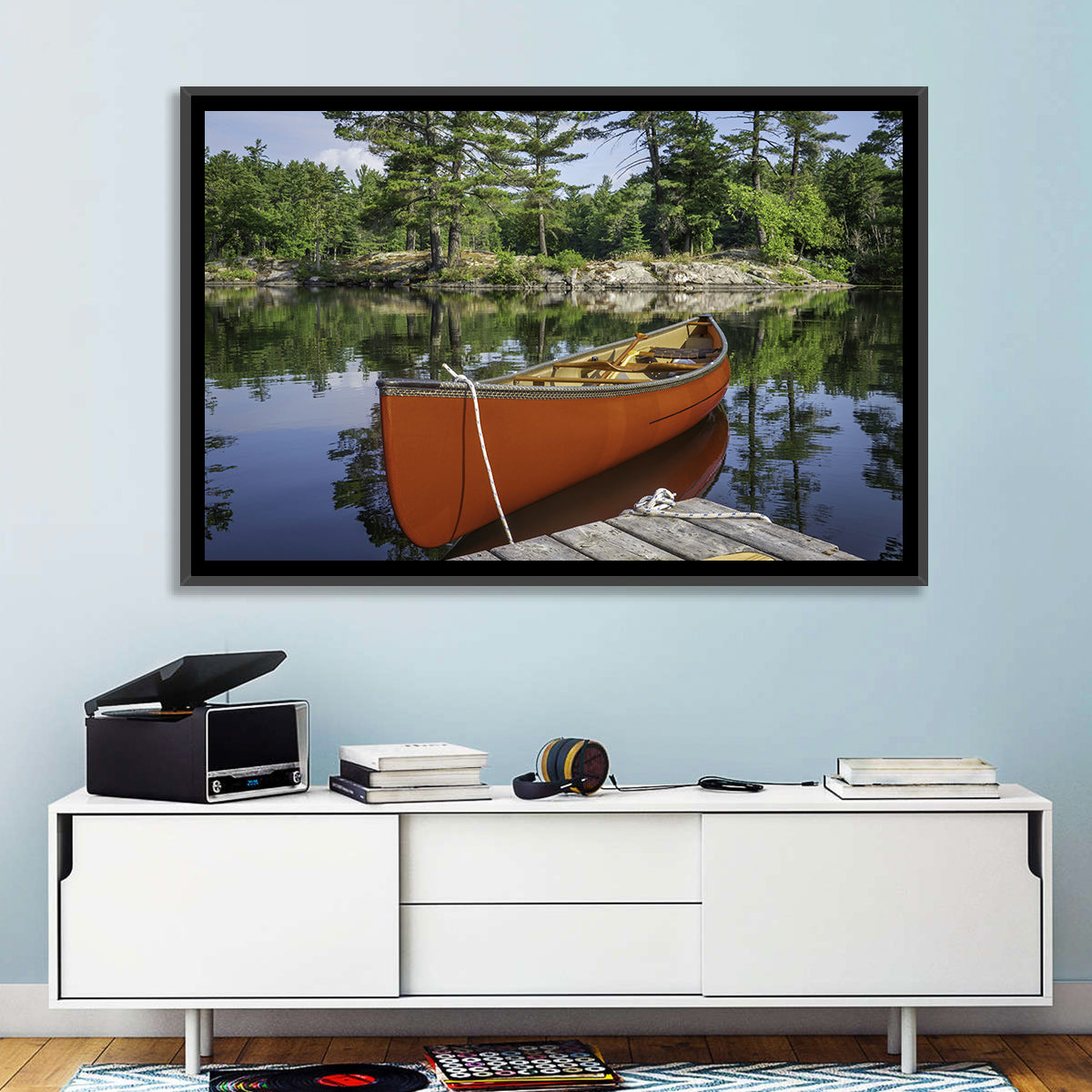 Orange Canoe on Ontario Lake Wall Art in a room, landscape