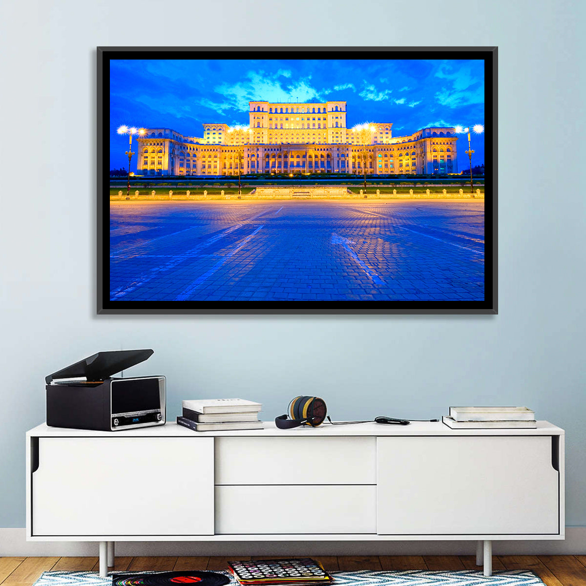 Palace of the Parliament at Twilight Wall Art in a room, landscape