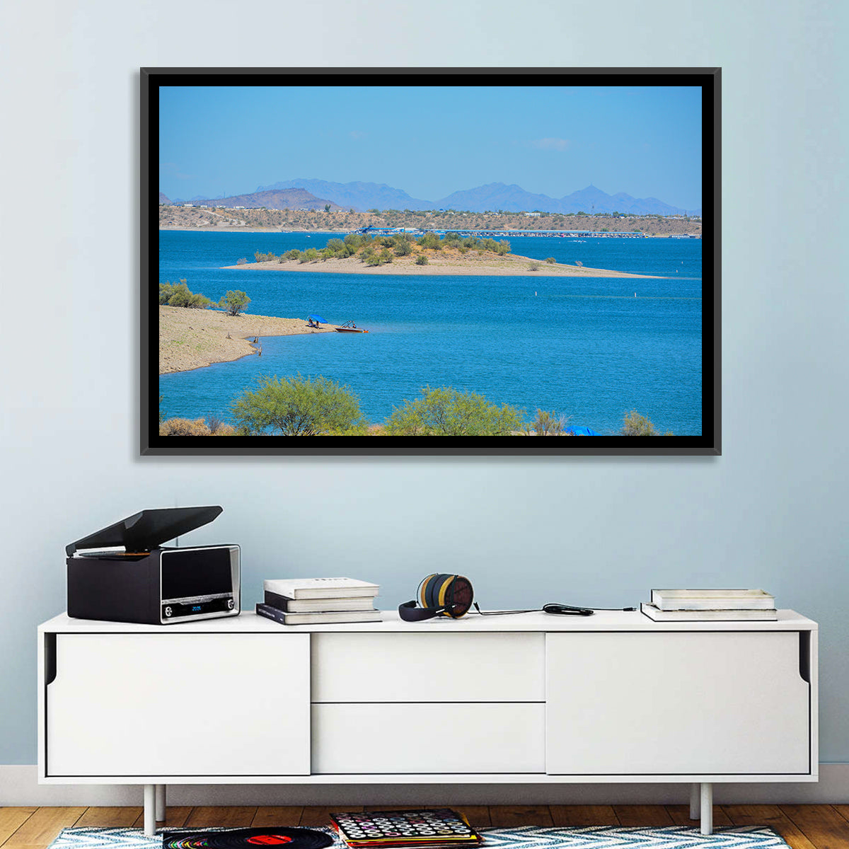 Lake Pleasant Shoreline with Boat Wall Art in a room, landscape