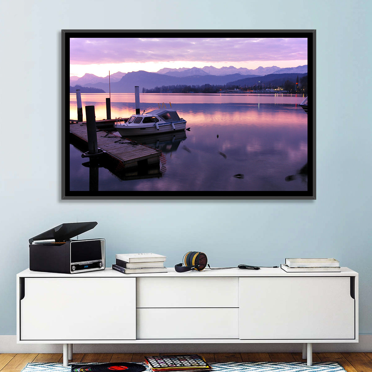 Lake Lucerne Pier at Dusk Wall Art in a room, landscape