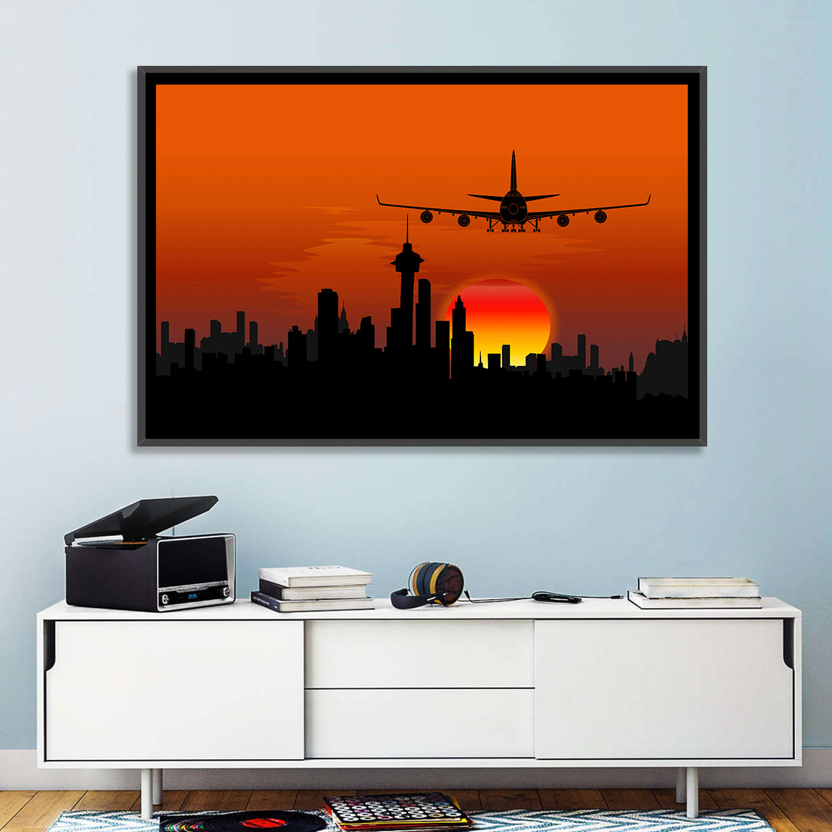 Approaching Jet Over Sunset Skyline Wall Art in a room, landscape