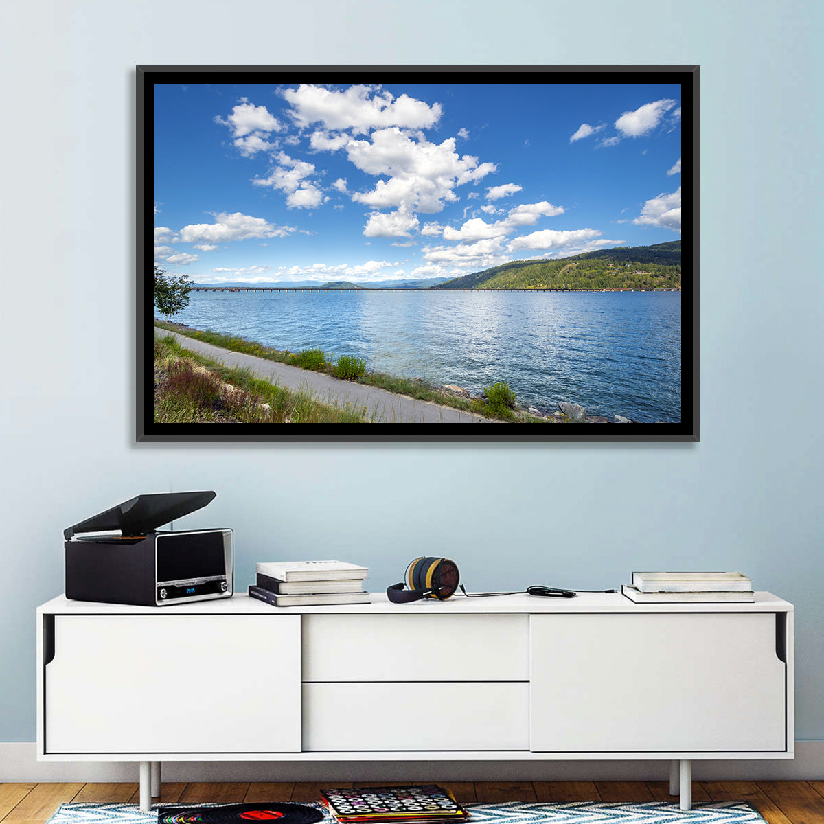 Lake Pend Oreille Bridge View Wall Art in a room, landscape