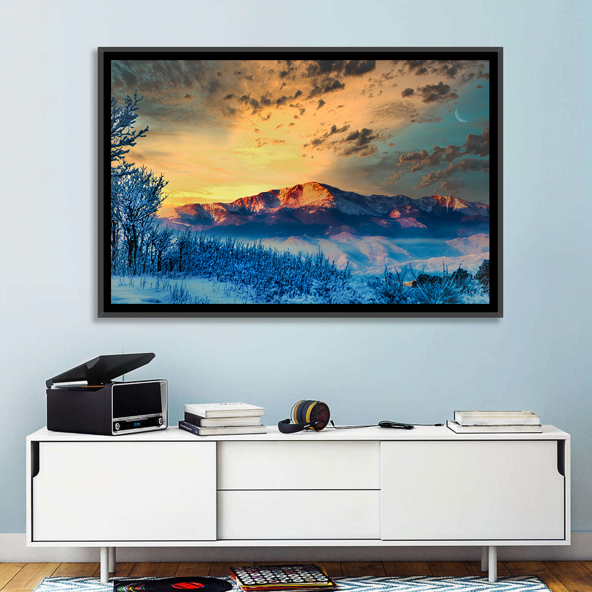 Pikes Peak Golden Sunset Wall Art in a room, landscape