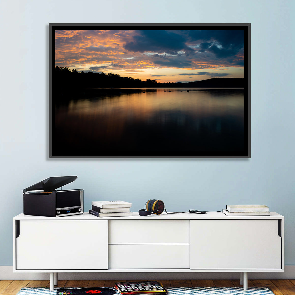 Lake Squam Sunrise Reflection Wall Art in a room, landscape