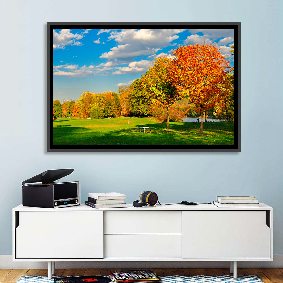 Autumn Trees and Lakeside Lawn Wall Art in a room, landscape