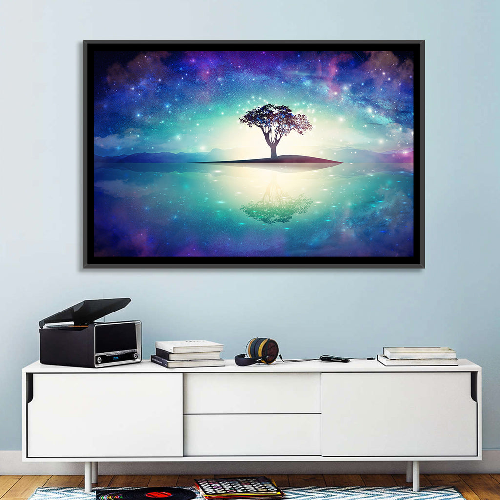Glowing Island Tree Under Starry Nebula Wall Art