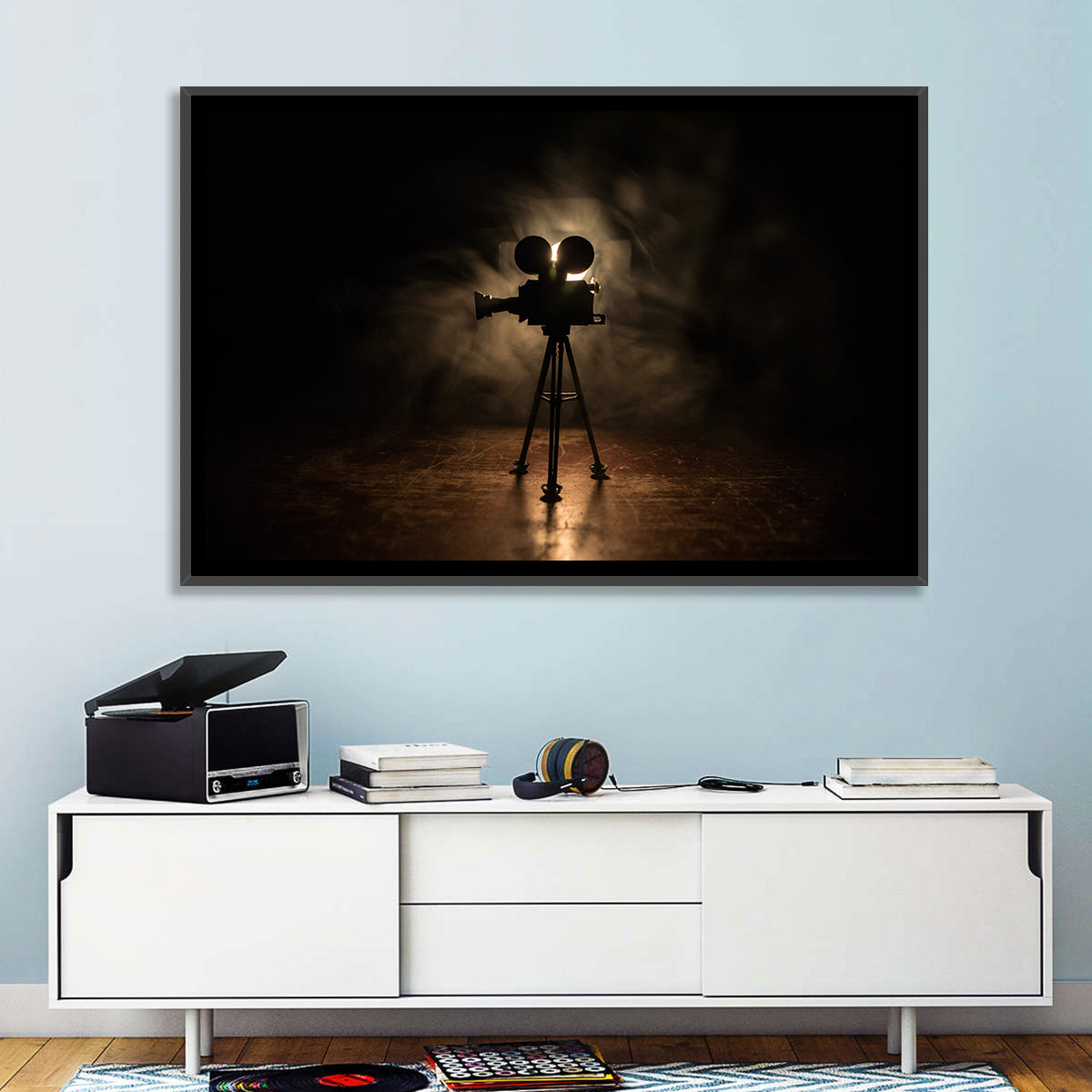 Backlit Vintage Movie Camera Wall Art in a room, landscape