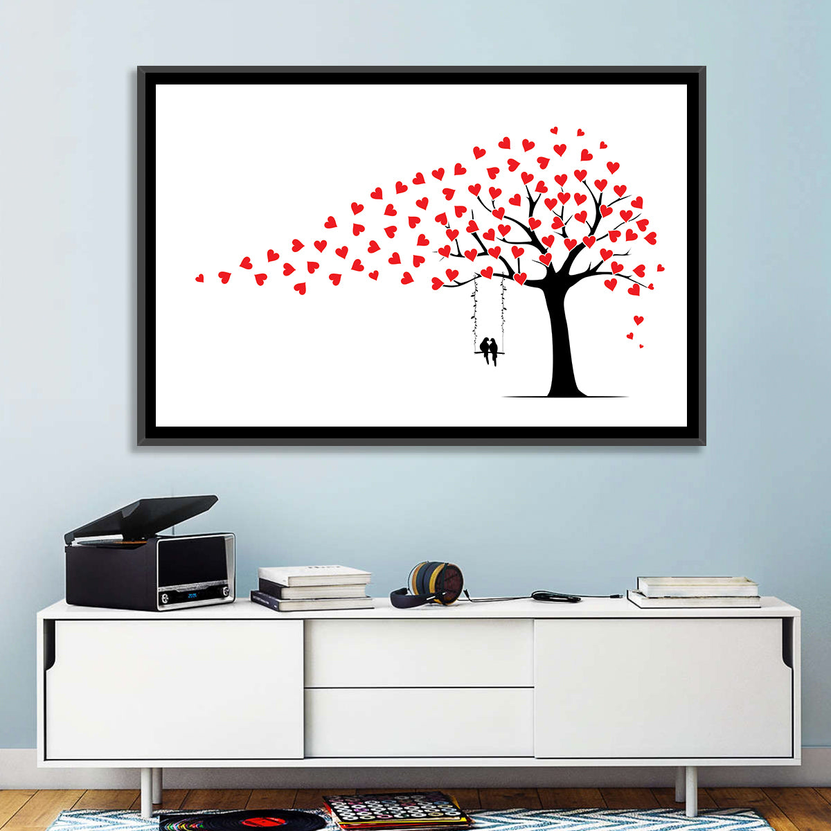 Heart Leaf Tree Silhouette Wall Art in a room, landscape