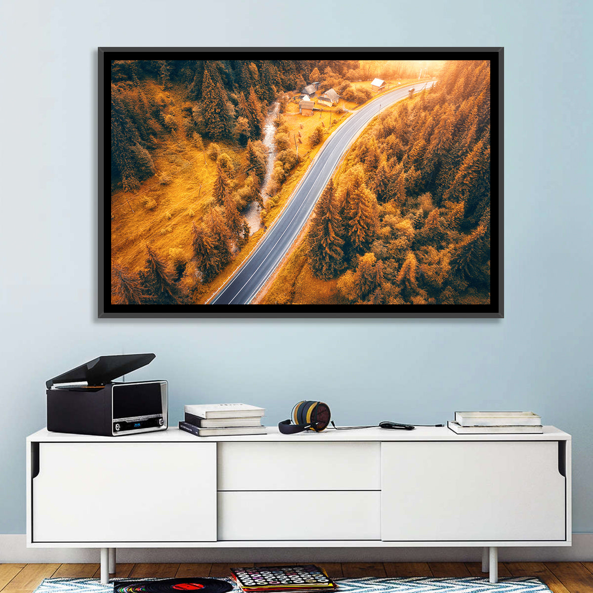 Carpathian Autumn Road Wall Art in a room, landscape