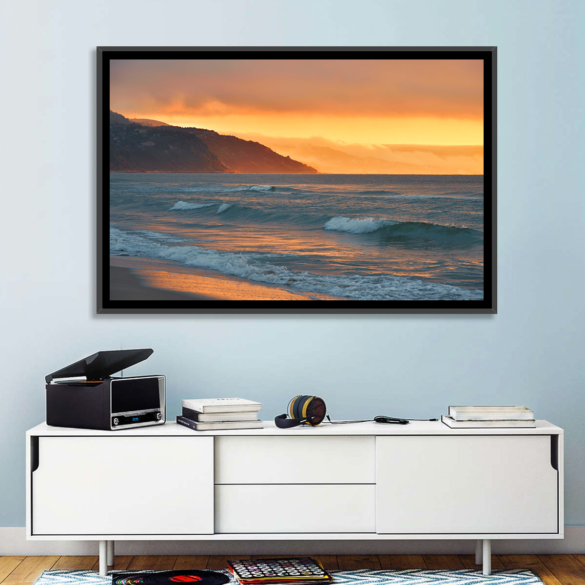 Cliffside Sunset Over Ocean Wall Art in a room, landscape