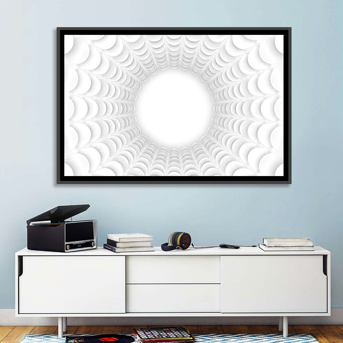 White Bubble Sphere Tunnel Wall Art in a room, landscape