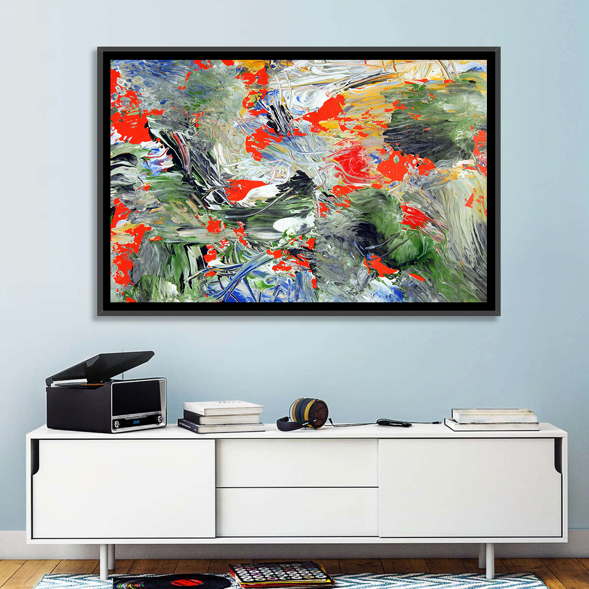 Melting Green Impasto Abstract Wall Art in a room, landscape