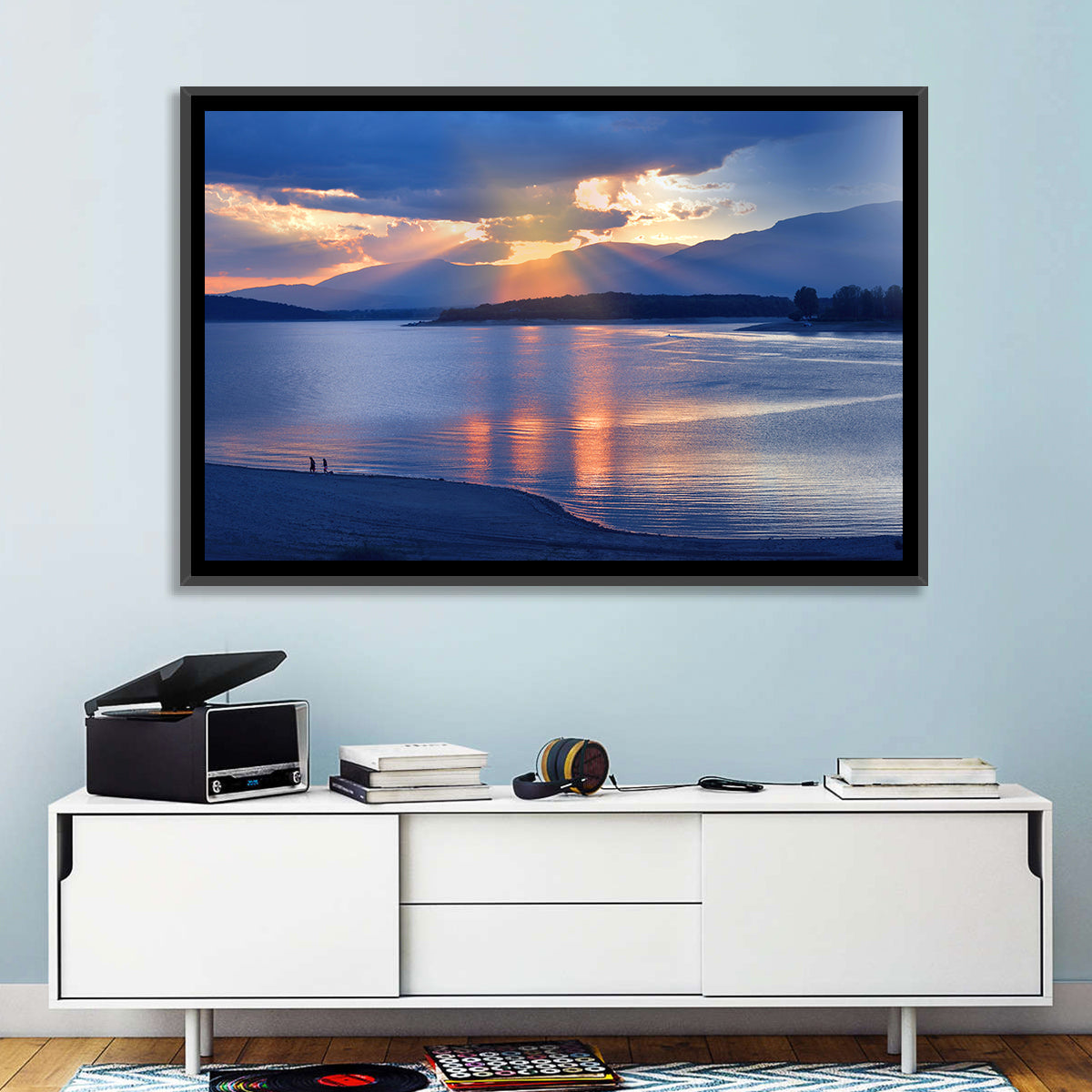 Lake Sunset with Silhouettes Wall Art in a room, landscape