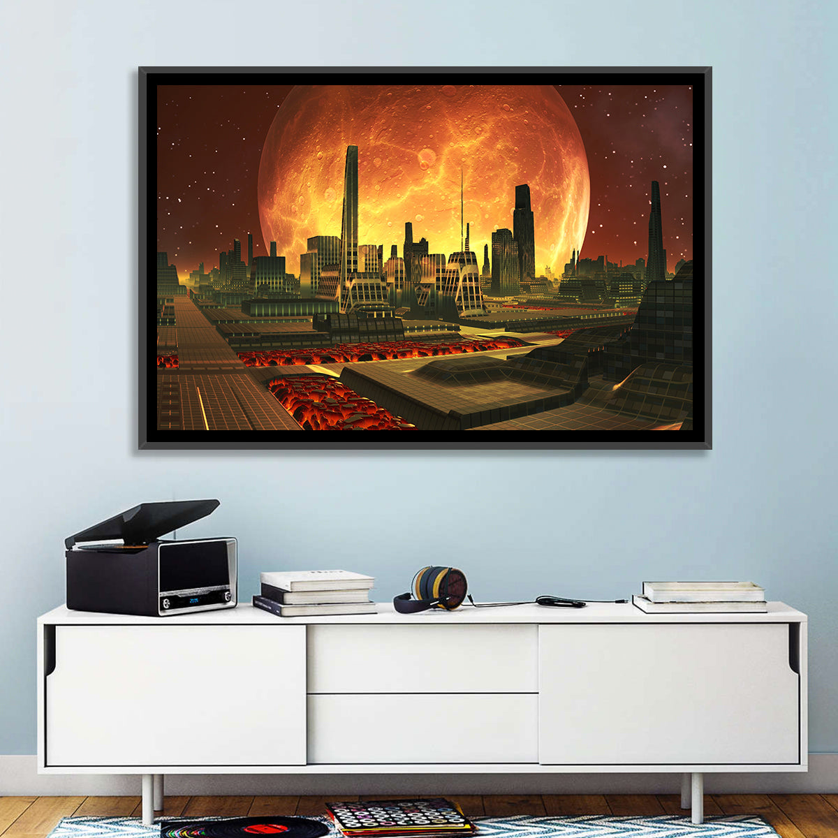 Molten Lunar Cityscape Wall Art in a room, landscape