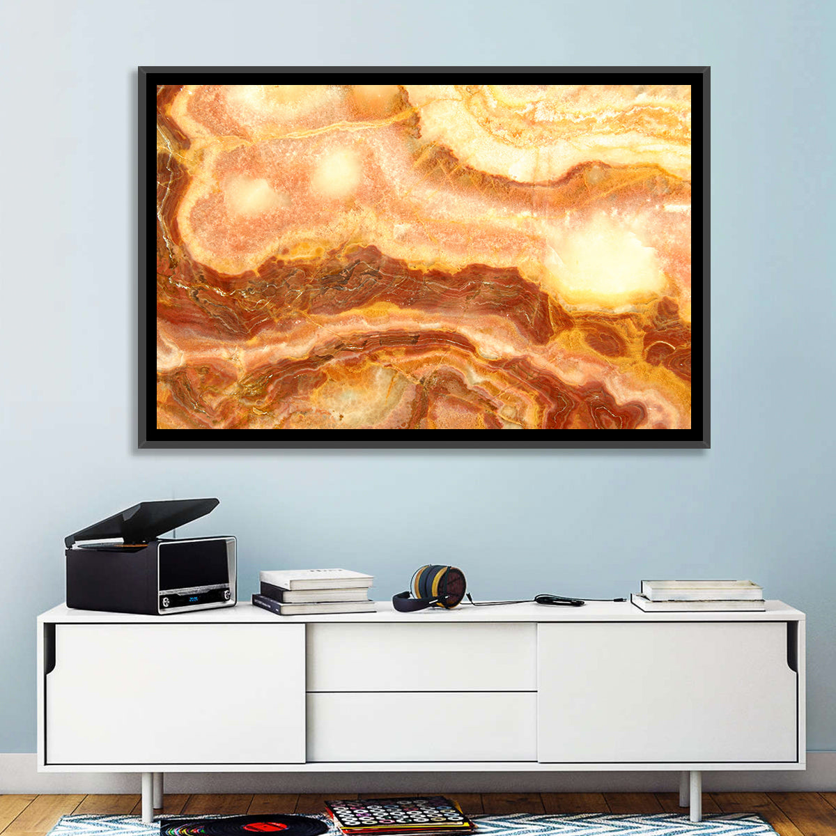 Golden Agate Stone Abstract Wall Art in a room, landscape