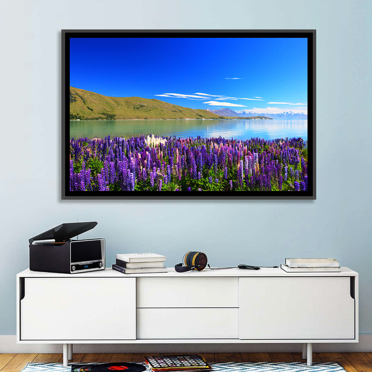 Lake Tekapo Lupine Fields Wall Art in a room, landscape