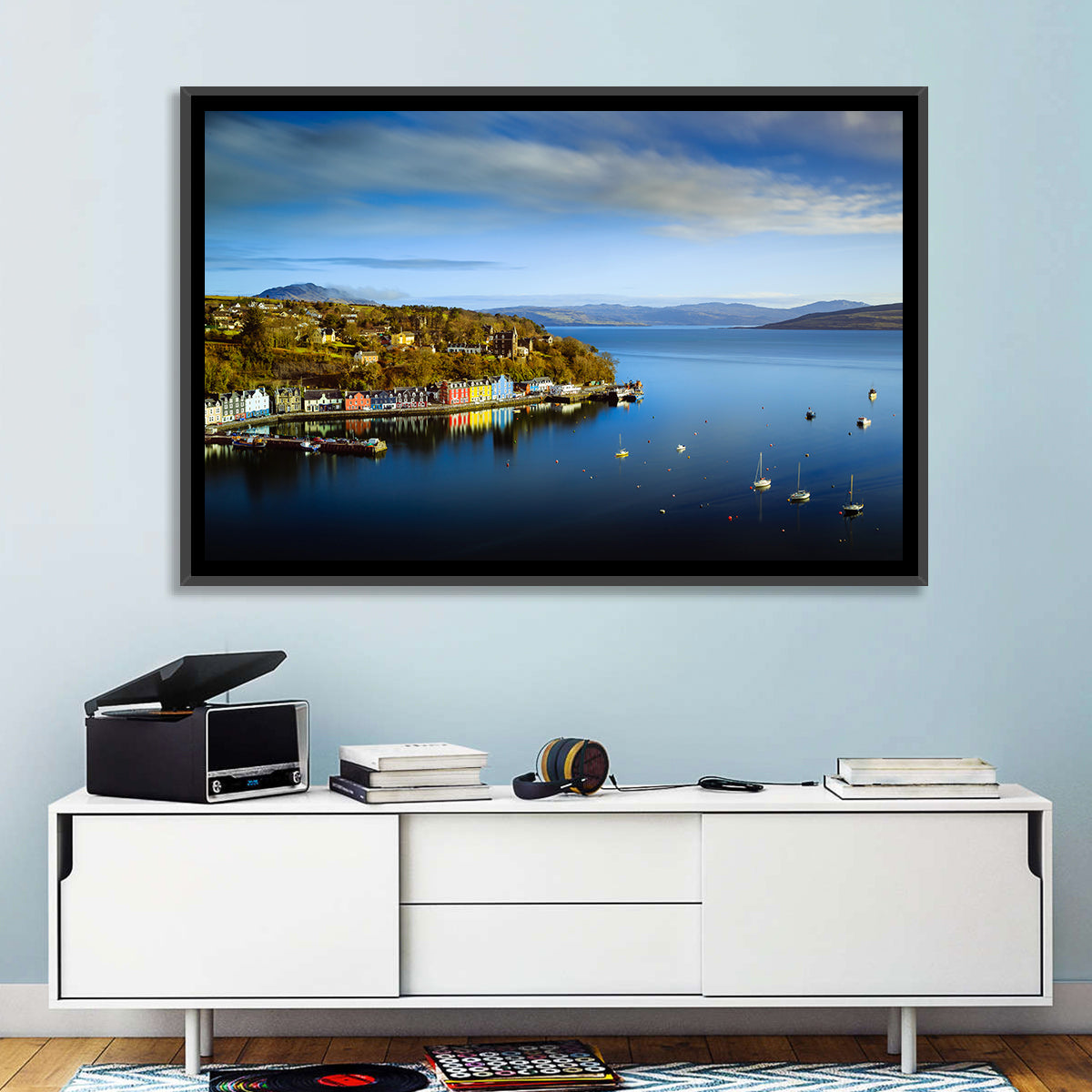 Portree Harbour Colorful Houses Wall Art in a room, landscape