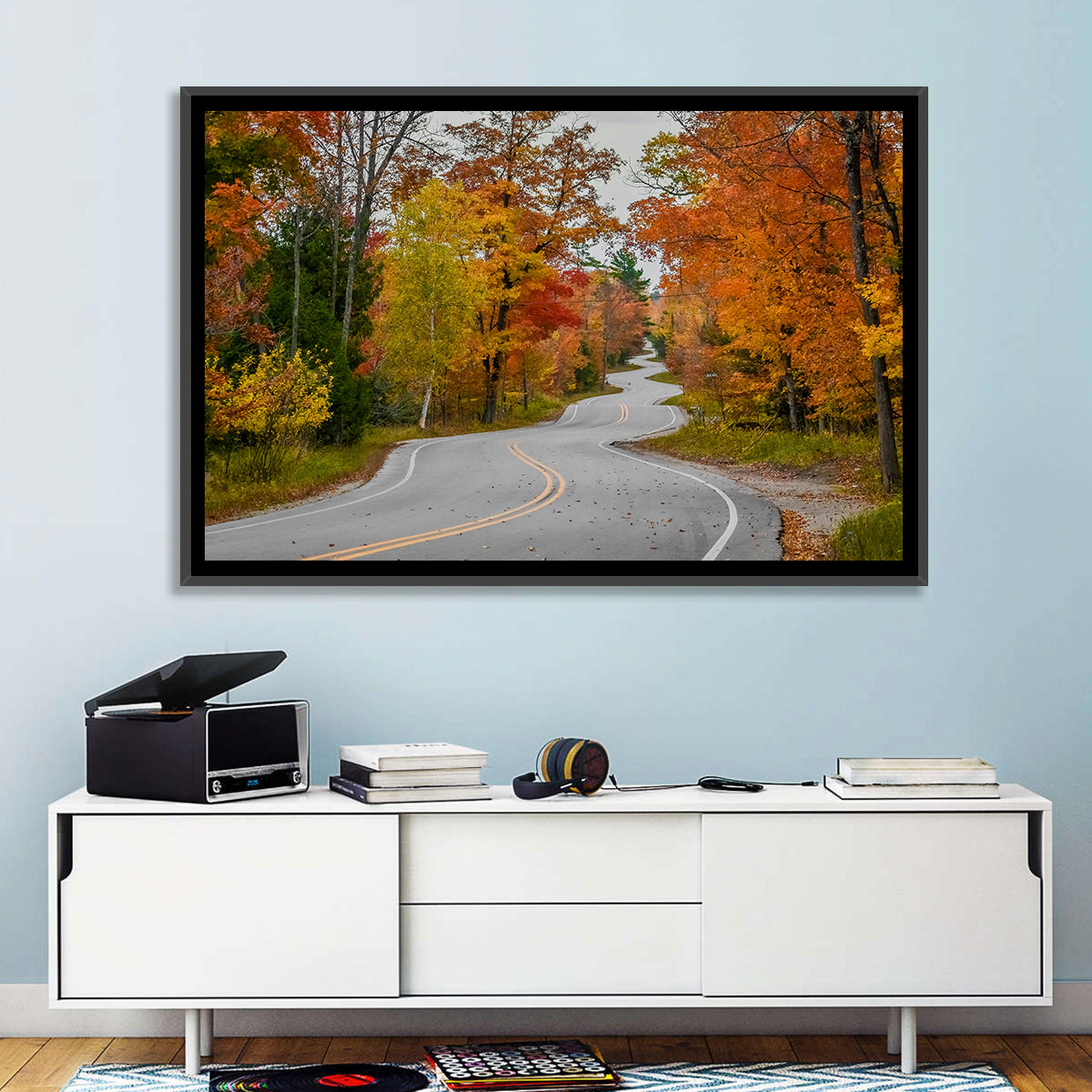 Winding Autumn Highway Wall Art in a room, landscape