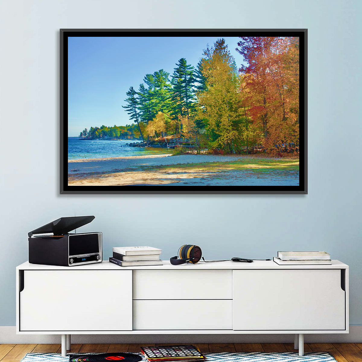 Sebago Lake Pier in Autumn Wall Art in a room, landscape