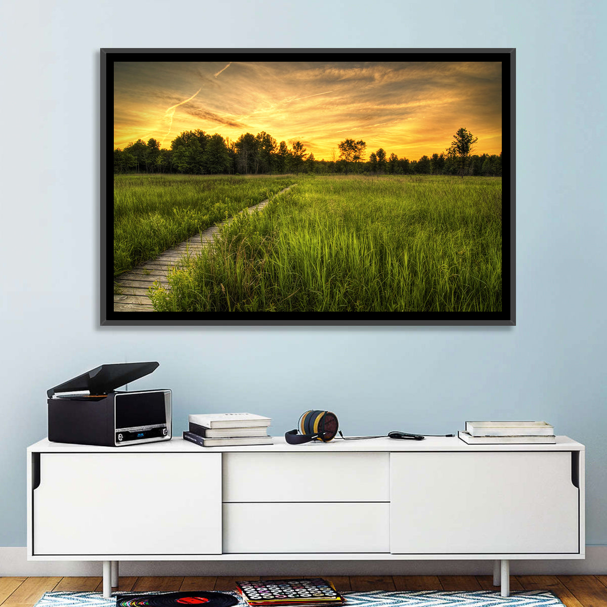 Irwin Prairie Boardwalk Sunset Wall Art in a room, landscape