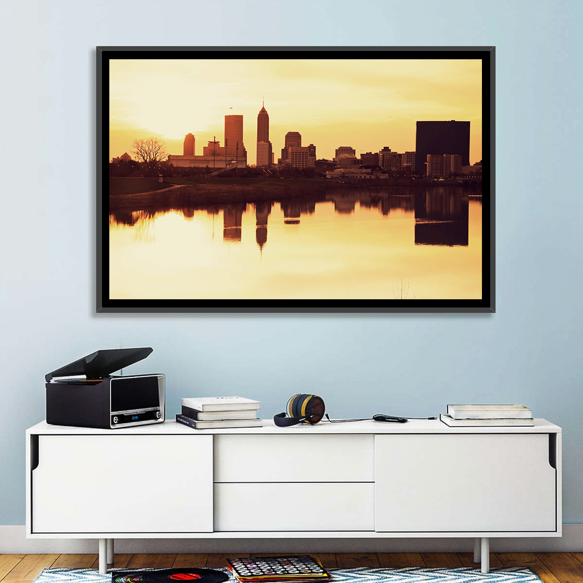 Indianapolis Golden Hour Skyline Wall Art in a room, landscape