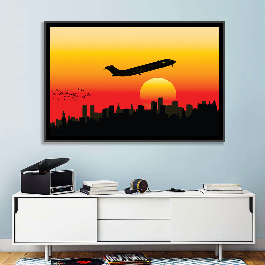 Airplane Over Sunset Skyline Wall Art
