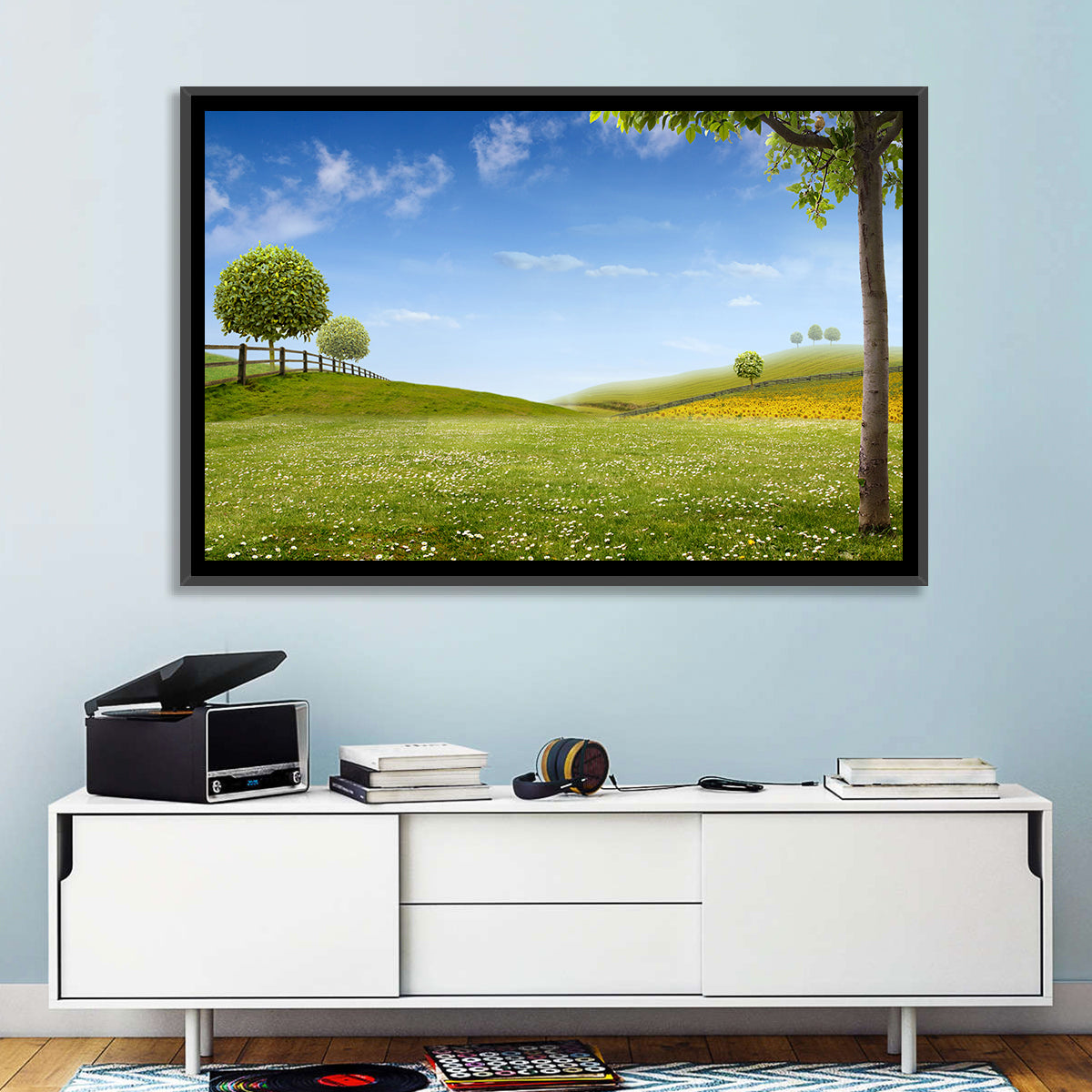 Green Sunflower Fields Wall Art in a room, landscape