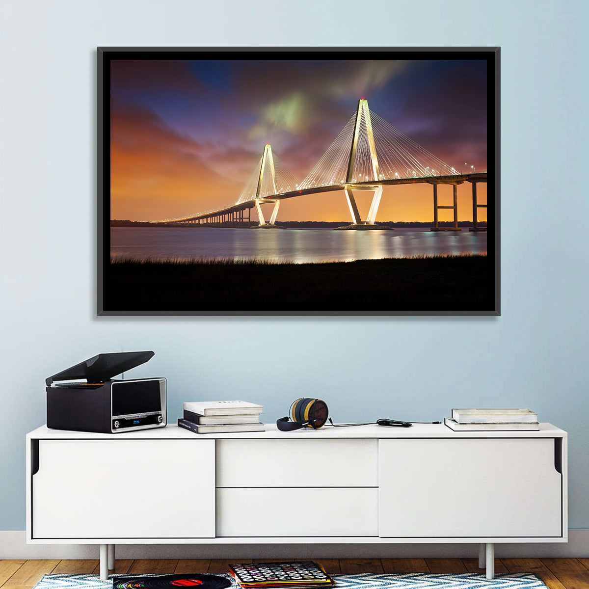 Arthur Ravenel Jr. Bridge at Dusk Wall Art in a room, landscape