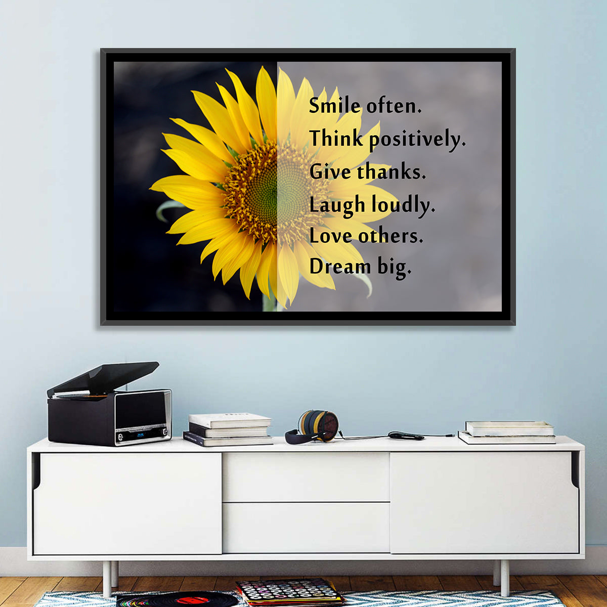 Sunflower Smile Typography Wall Art in a room, landscape