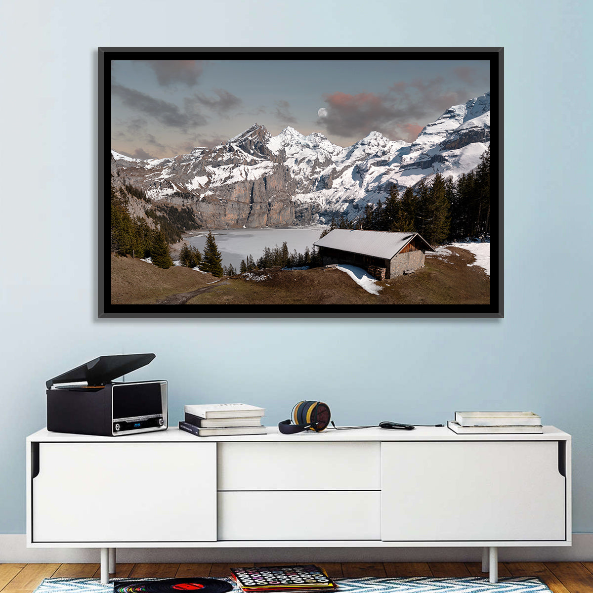 Oeschinensee Winter Landscape Wall Art in a room, landscape