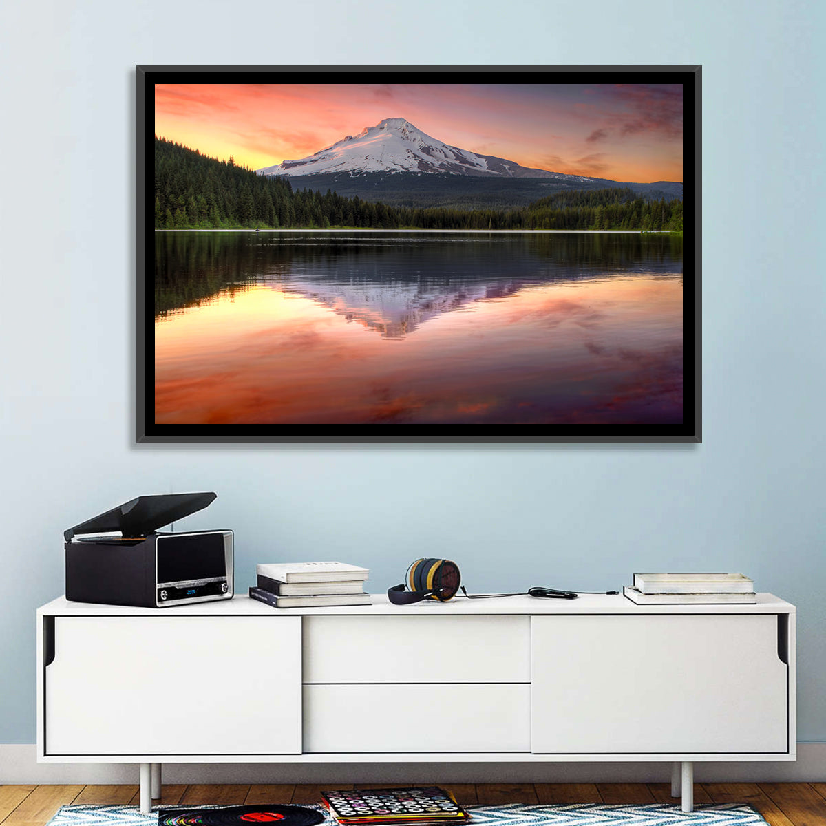 Mount Hood Reflected at Trillium Lake Wall Art in a room, landscape