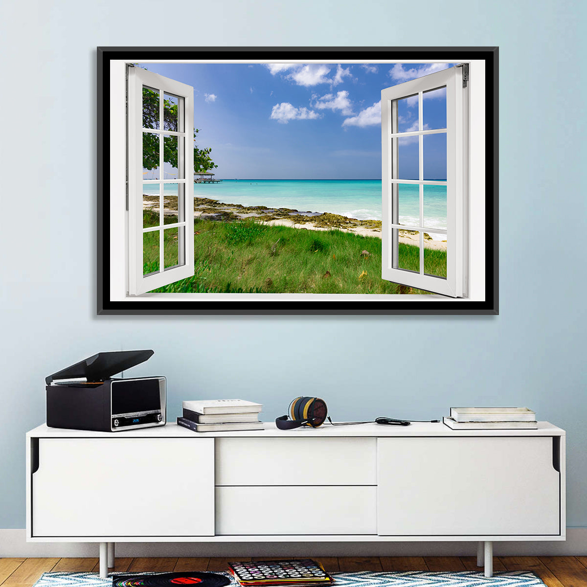 Gazebo on Pier Over Turquoise Ocean Wall Art in a room, landscape