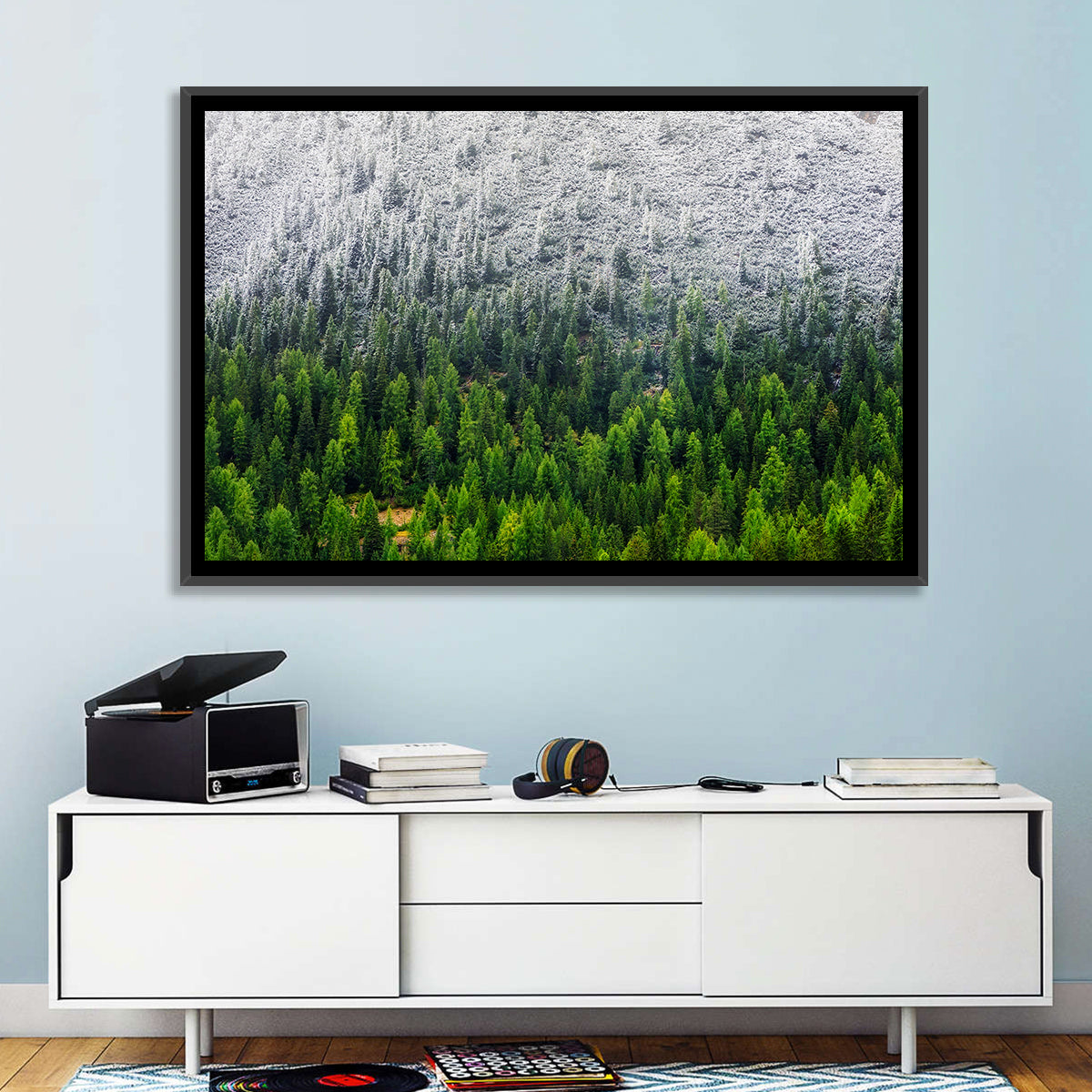 Snowy Dolomites Forest Wall Art in a room, landscape