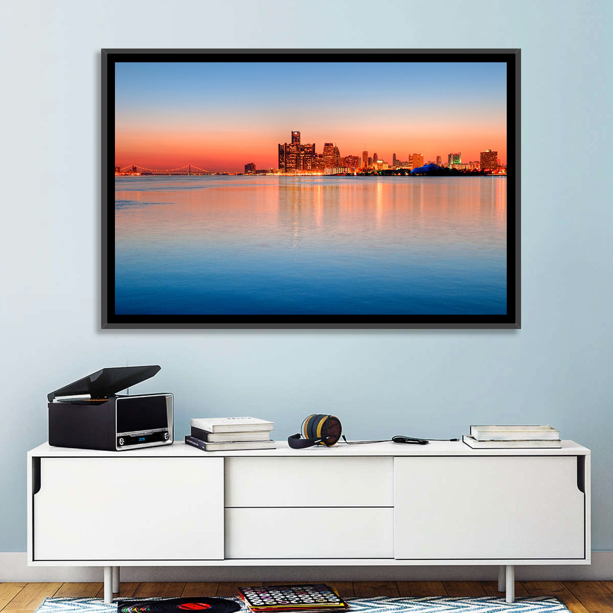 Detroit Golden Hour Skyline Wall Art in a room, landscape