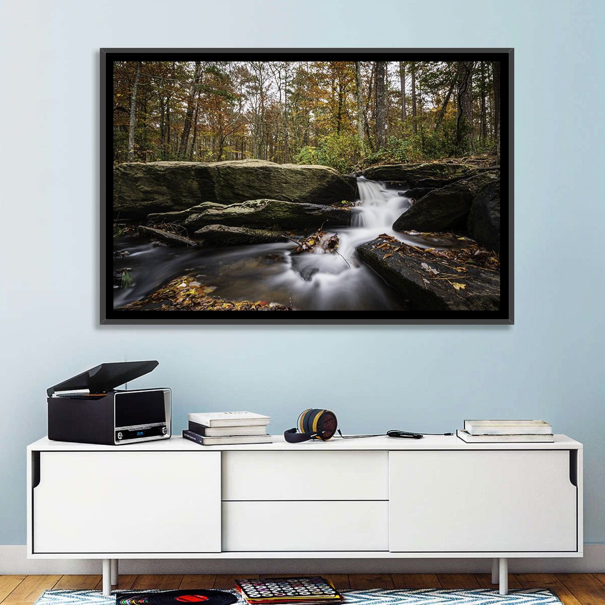 Cheaha Falls Autumn Waterfall Wall Art in a room, landscape