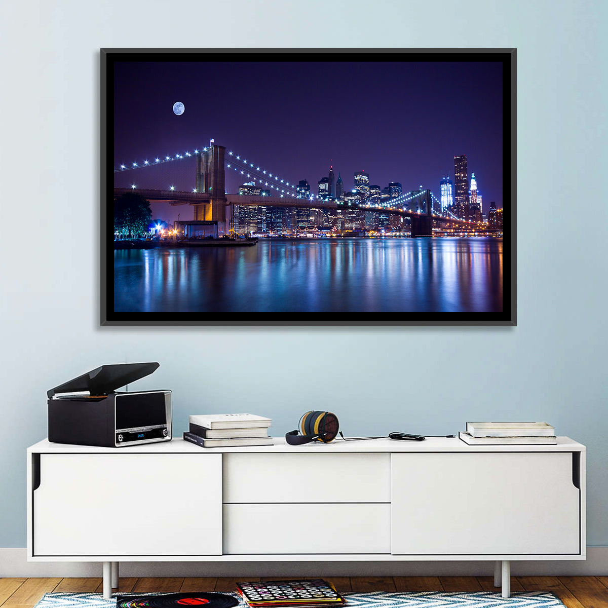 Brooklyn Bridge Moonlit Reflections Wall Art in a room, landscape