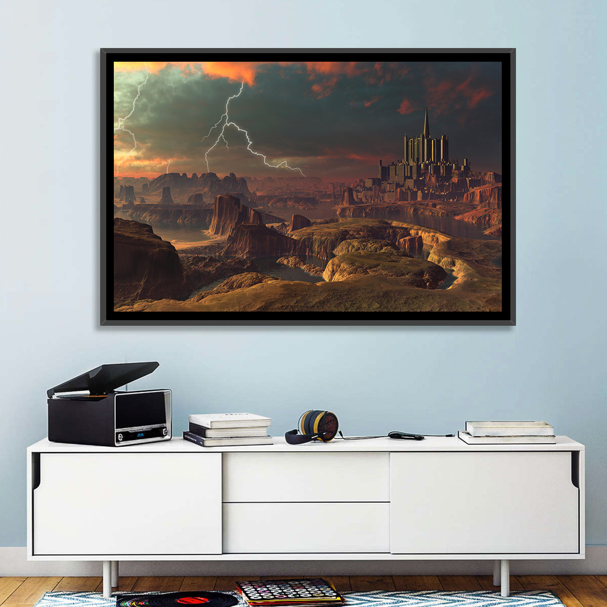 Dusk Storm Over Alien Fortress Wall Art in a room, landscape