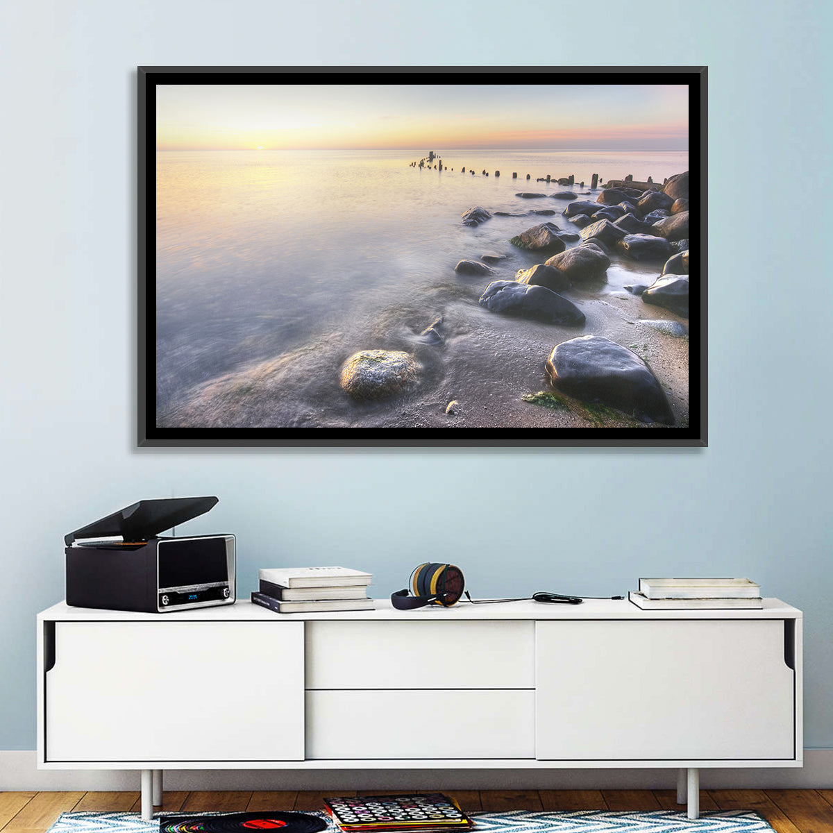 Michigan Shoreline Pilings Wall Art in a room, landscape