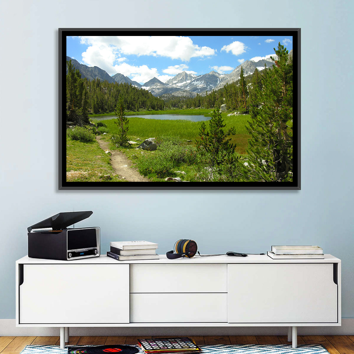 Sierra Nevada Trail to Snow Capped Peaks Wall Art in a room, landscape